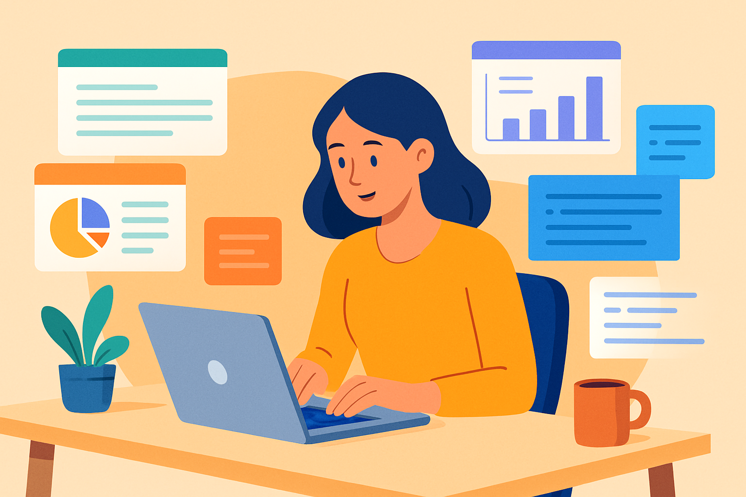 Donna che lavora al computer con finestre digitali fluttuanti attorno che mostrano grafici, testi e documenti, simbolo di produttività aumentata grazie all’AI.